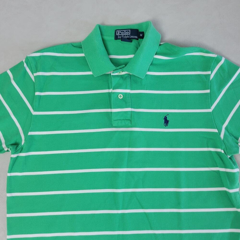 Vtg 90s Mens Ralph Lauren Polo Shirt Medium Green White Striped Short Sleeve - Picture 2 of 8